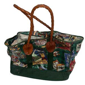 Nordic house Designs Green Brown braided leather handles GOLF postcard tote bag